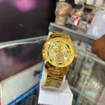 Royal Gold Skeleton Mechanical Watch with Stainless Steel Chain