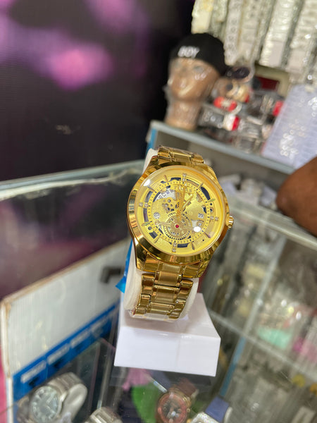 Royal Gold Skeleton Mechanical Watch with Stainless Steel Chain